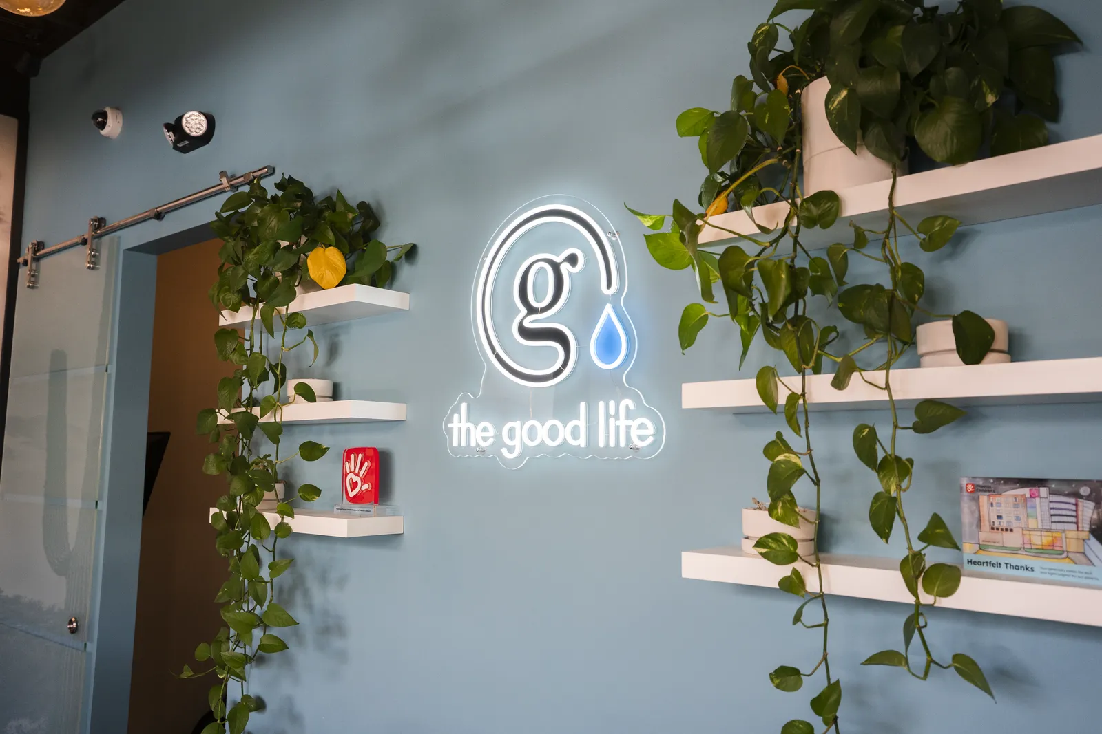 The neon Good Life logo on the teal wall, with plants on floating shelves
