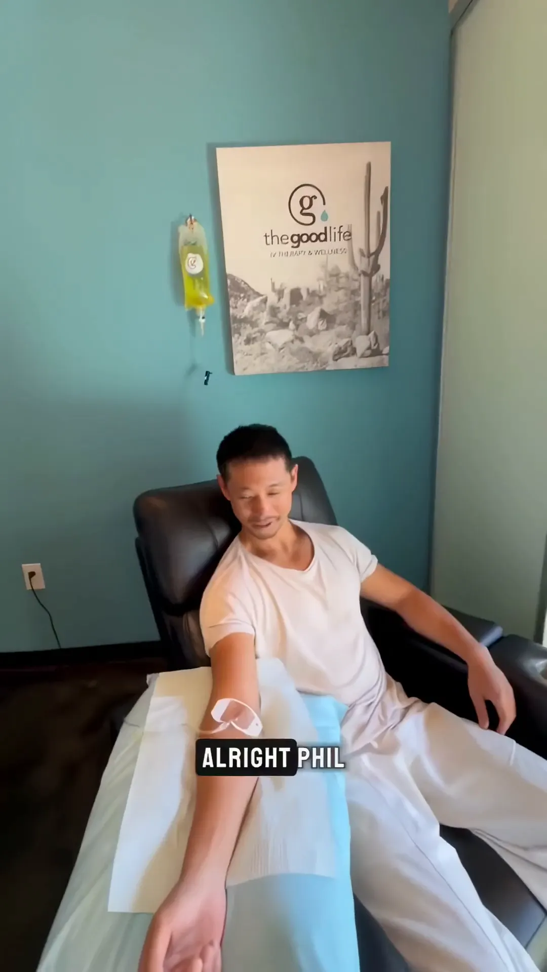 Phill relaxing in a studio recliner with his IV